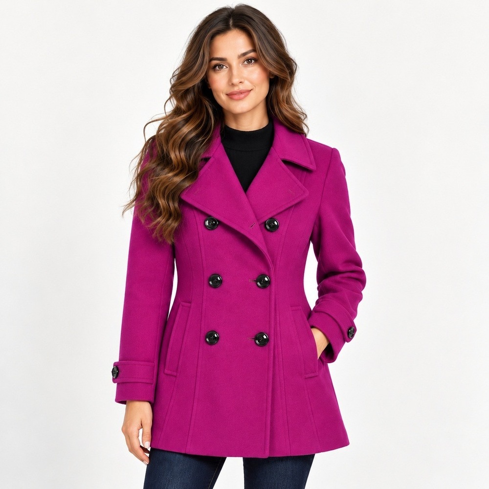 Anne Klein Womens Wool Blend Pea Coat Magenta Fuchsia Double Breasted Small